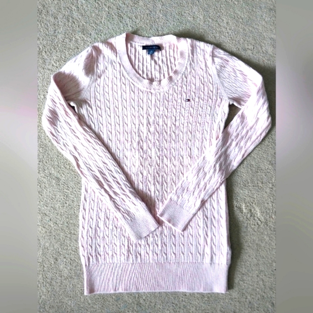 Tommy Hilfiger Sweater Light Pink Pullover Scoop Neck Cable Knitted